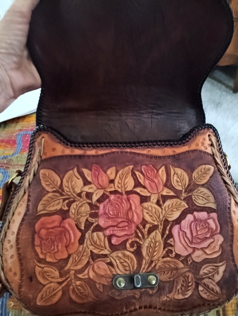 Hand-Tooled Leather Floral Crossbody Bag in Brown and Pink